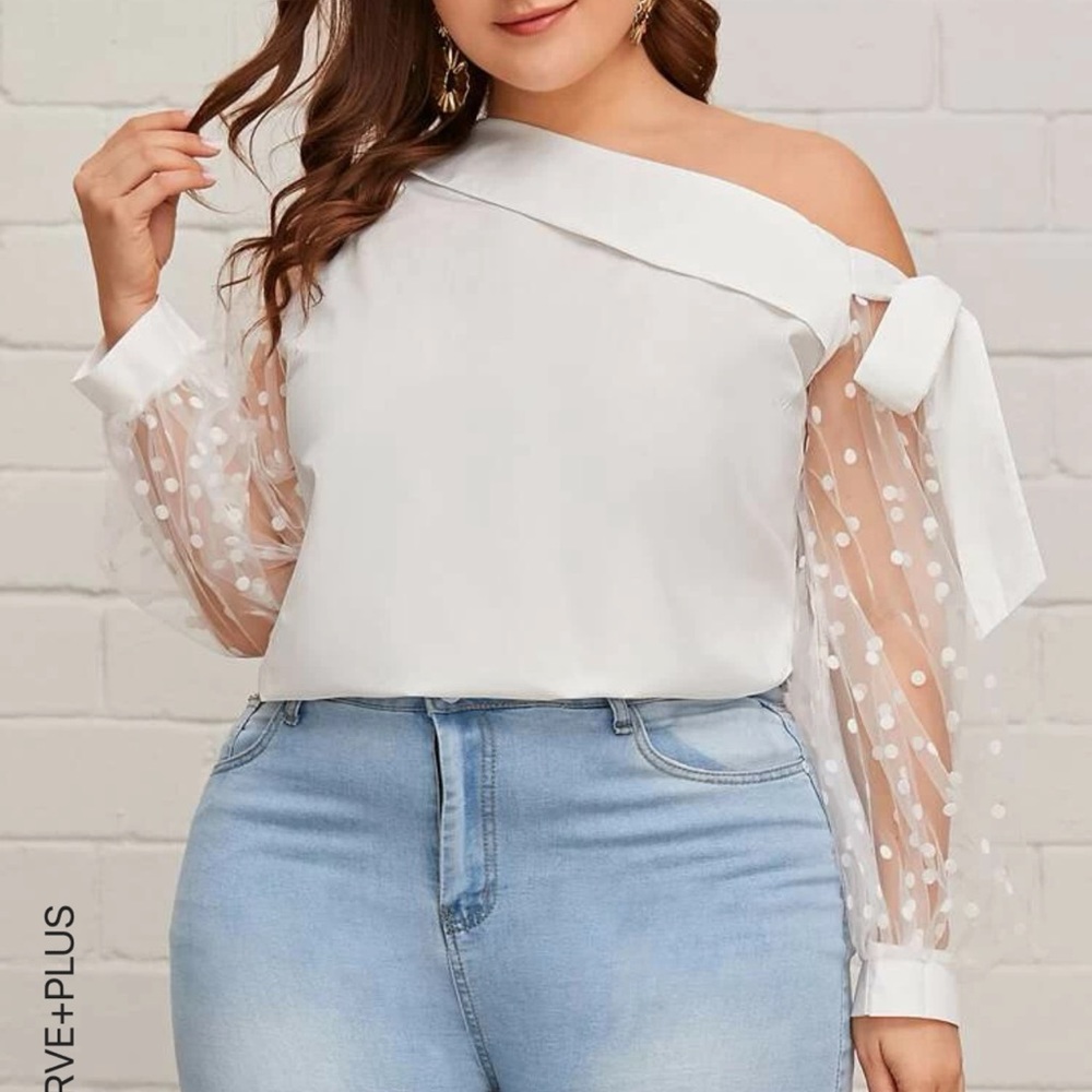 Shein Plus Foldover Asymmetrical Neck Dobby Mesh Sleeve Top
